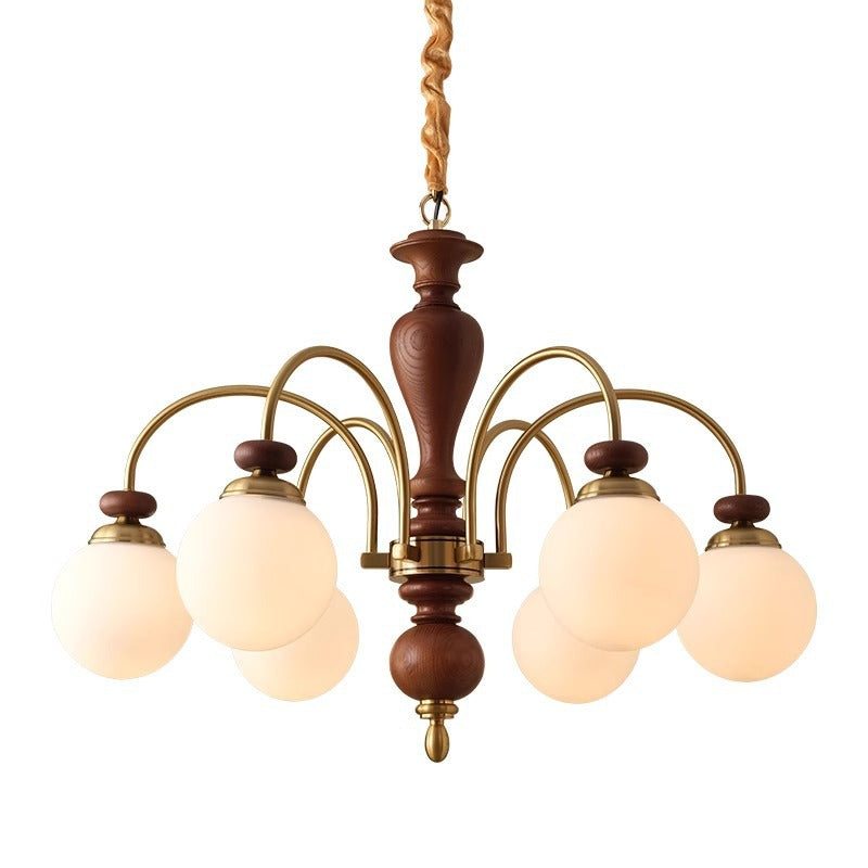 Retro Ash Wood and Glass Ball Column Chandeliers for Living Room