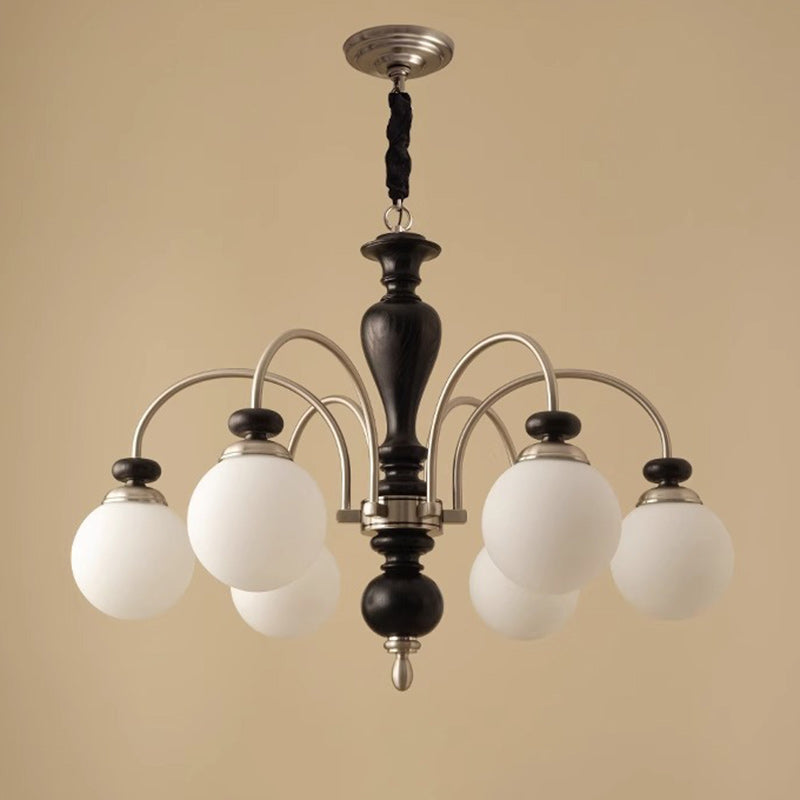 Retro Ash Wood and Glass Ball Column Chandeliers for Living Room