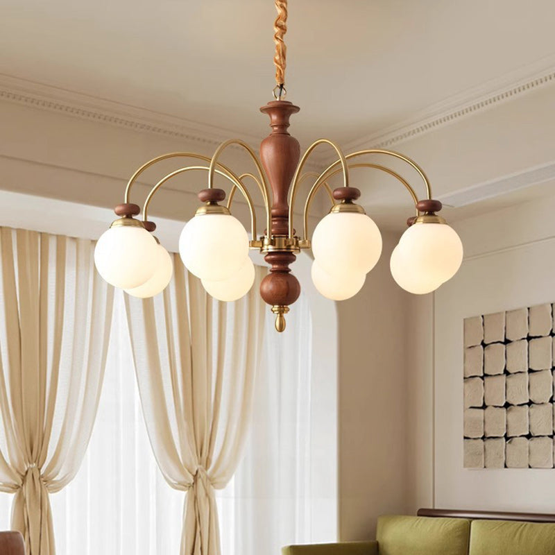 Retro Ash Wood and Glass Ball Column Chandeliers for Living Room