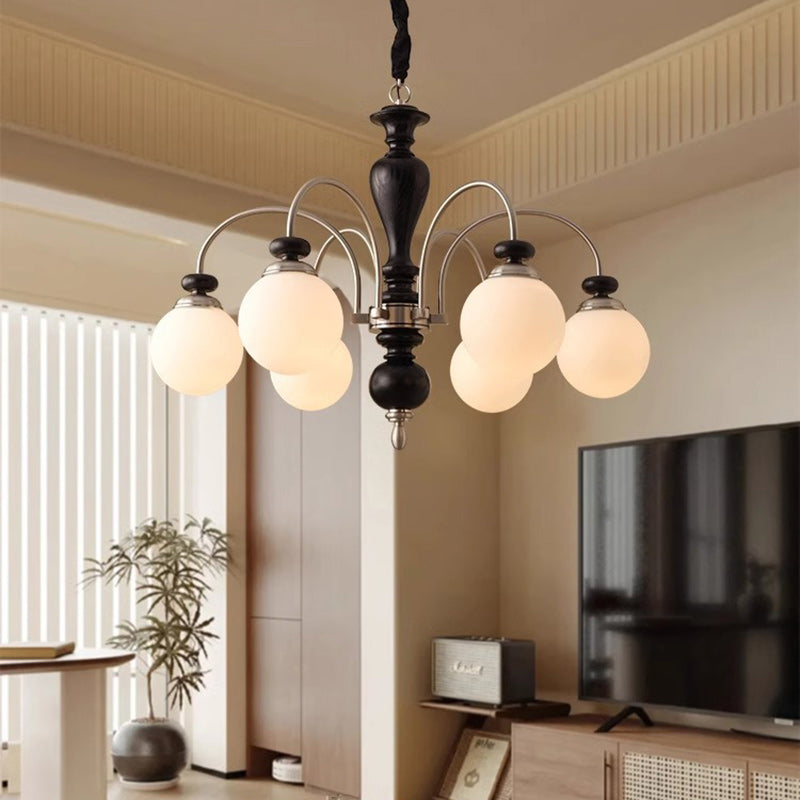 Retro Ash Wood and Glass Ball Column Chandeliers for Living Room