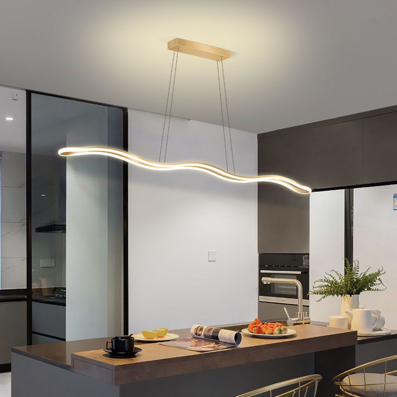 Nordic Iron and Aluminum Wave Line LED Island Chandelier for Dining Room