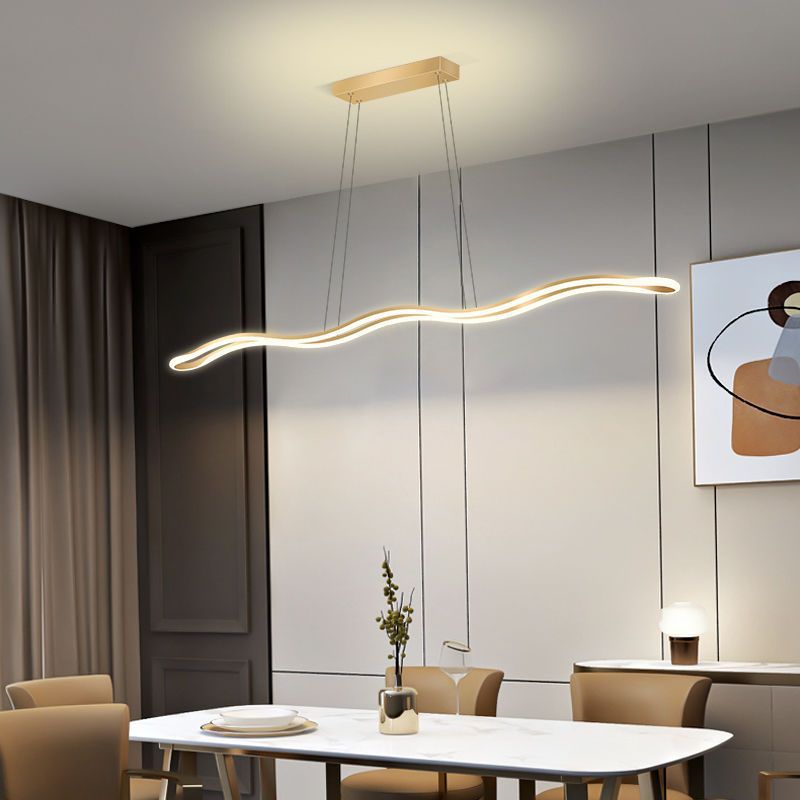 Nordic Iron and Aluminum Wave Line LED Island Chandelier for Dining Room