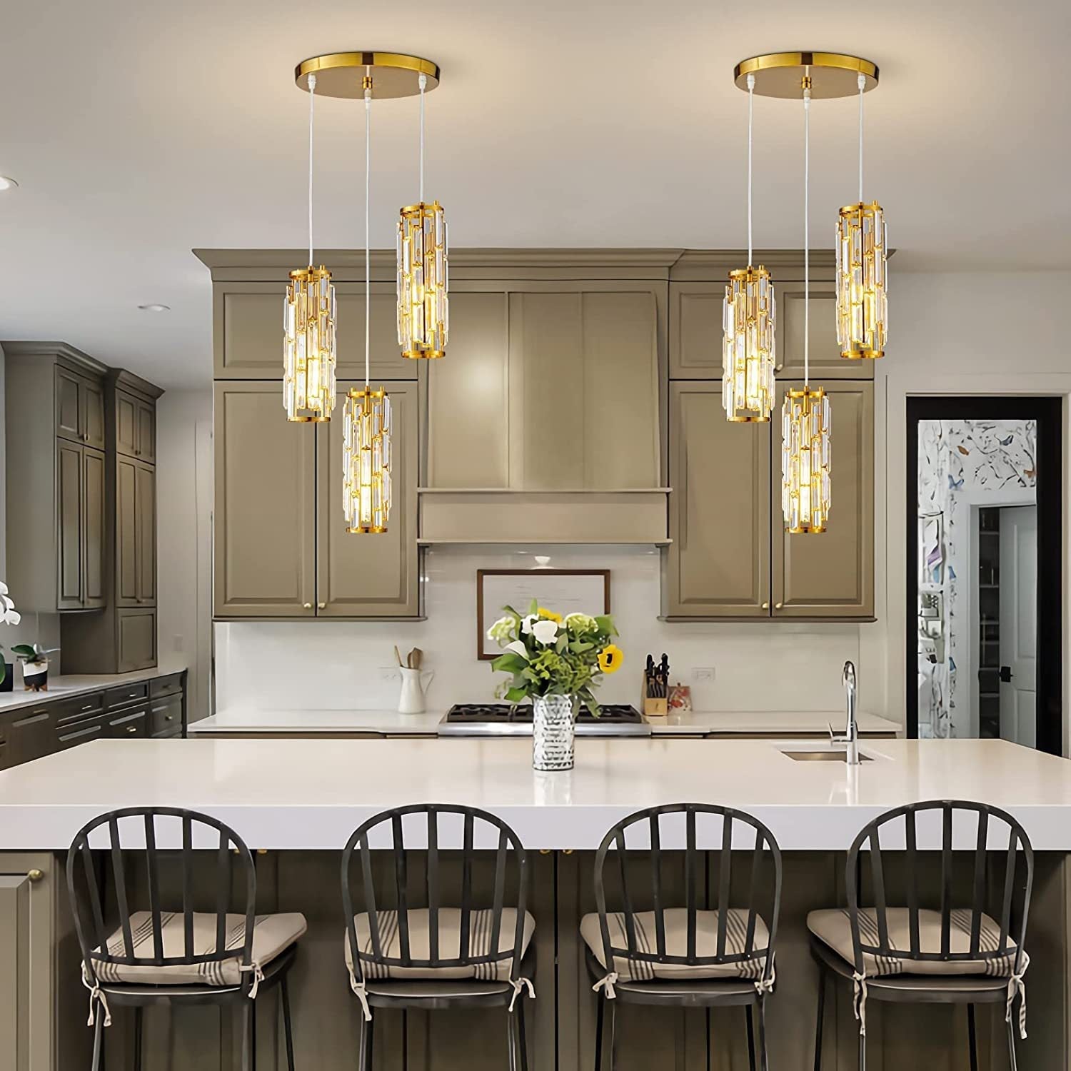 Modern Black Iron Crystal Cylinder Chandelier for Dining Room, 1/3/4 Lights