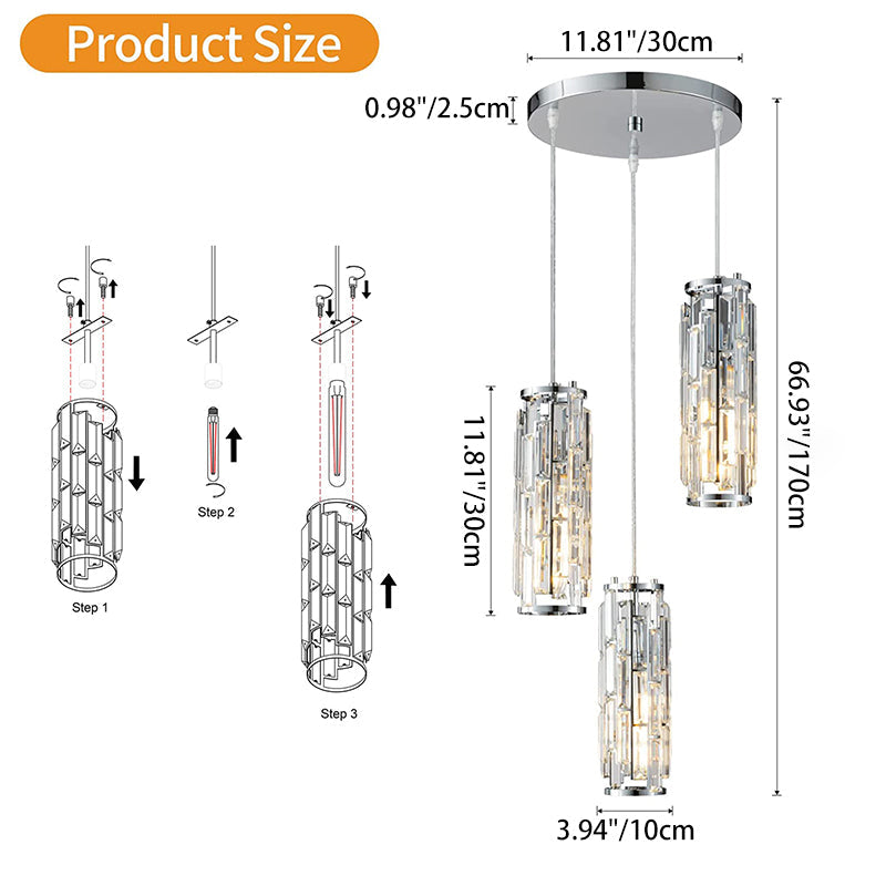 Modern Black Iron Crystal Cylinder Chandelier for Dining Room, 1/3/4 Lights