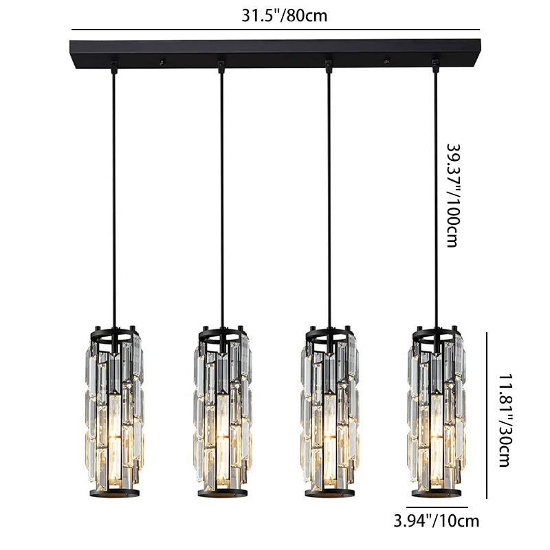 Modern Black Iron Crystal Cylinder Chandelier for Dining Room, 1/3/4 Lights