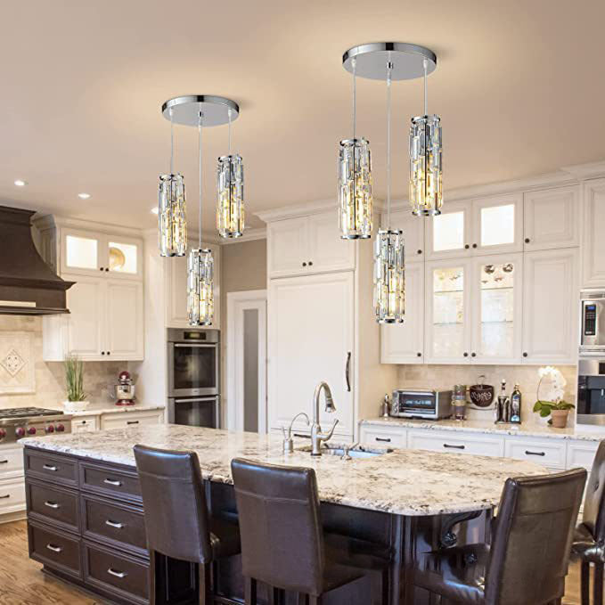 Modern Black Iron Crystal Cylinder Chandelier for Dining Room, 1/3/4 Lights