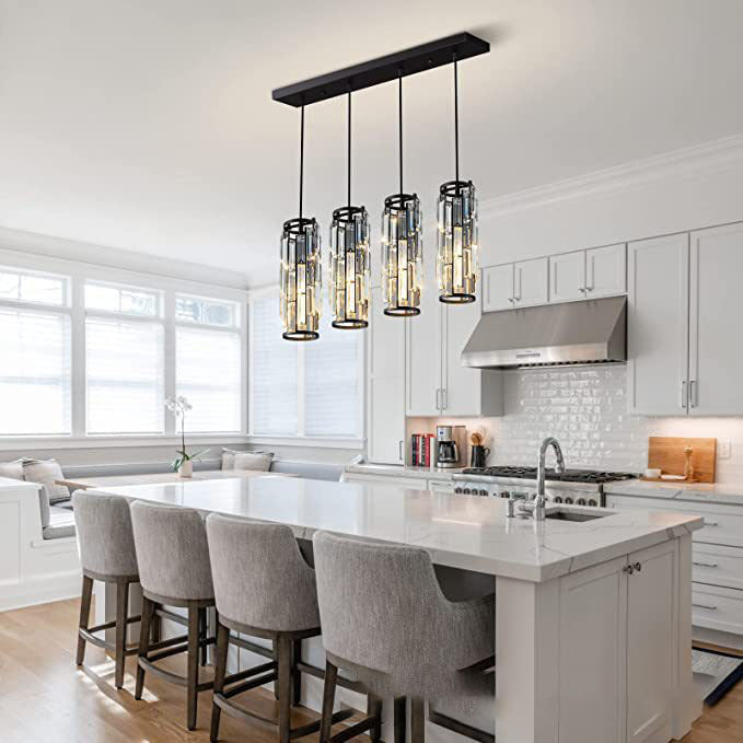 Modern Black Iron Crystal Cylinder Chandelier for Dining Room, 1/3/4 Lights