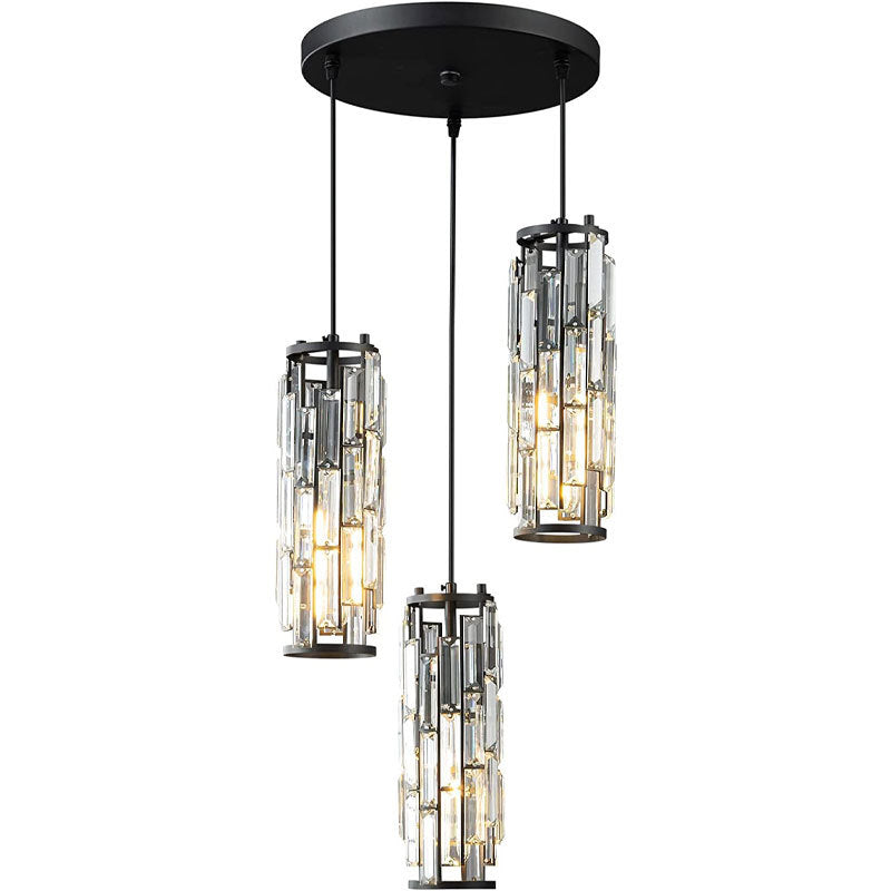 Modern Black Iron Crystal Cylinder Chandelier for Dining Room, 1/3/4 Lights