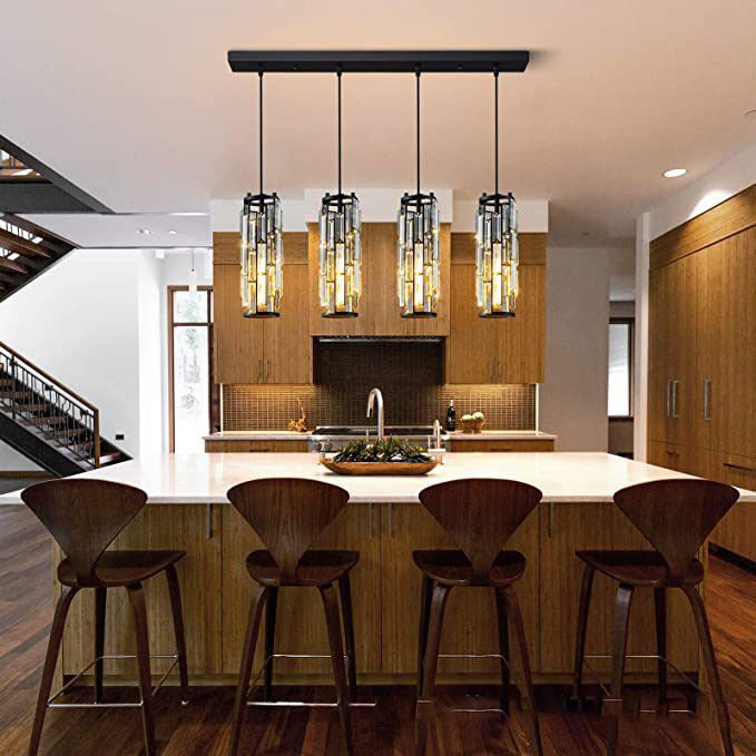 Modern Black Iron Crystal Cylinder Chandelier for Dining Room, 1/3/4 Lights