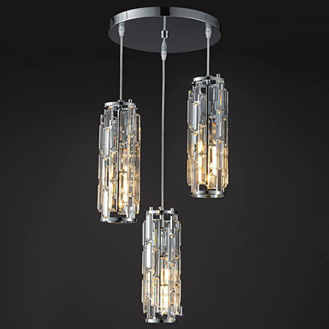 Modern Black Iron Crystal Cylinder Chandelier for Dining Room, 1/3/4 Lights