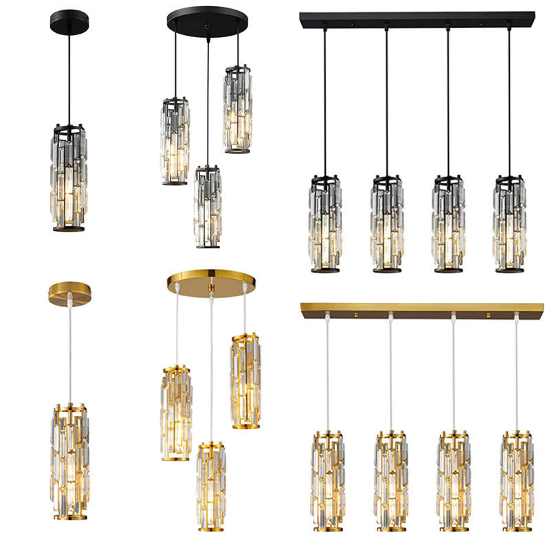 Modern Black Iron Crystal Cylinder Chandelier for Dining Room, 1/3/4 Lights