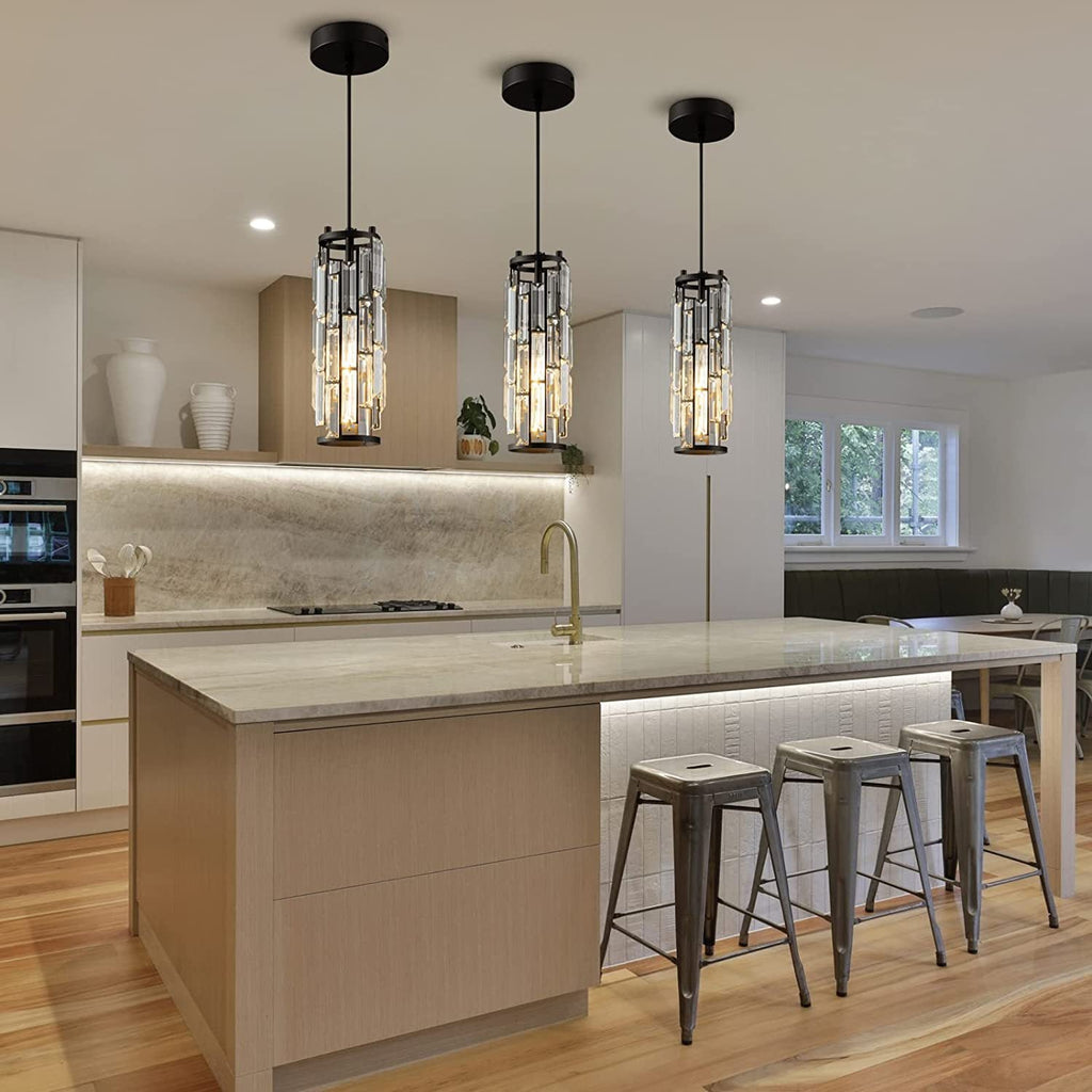 Modern Black Iron Crystal Cylinder Chandelier for Dining Room, 1/3/4 Lights