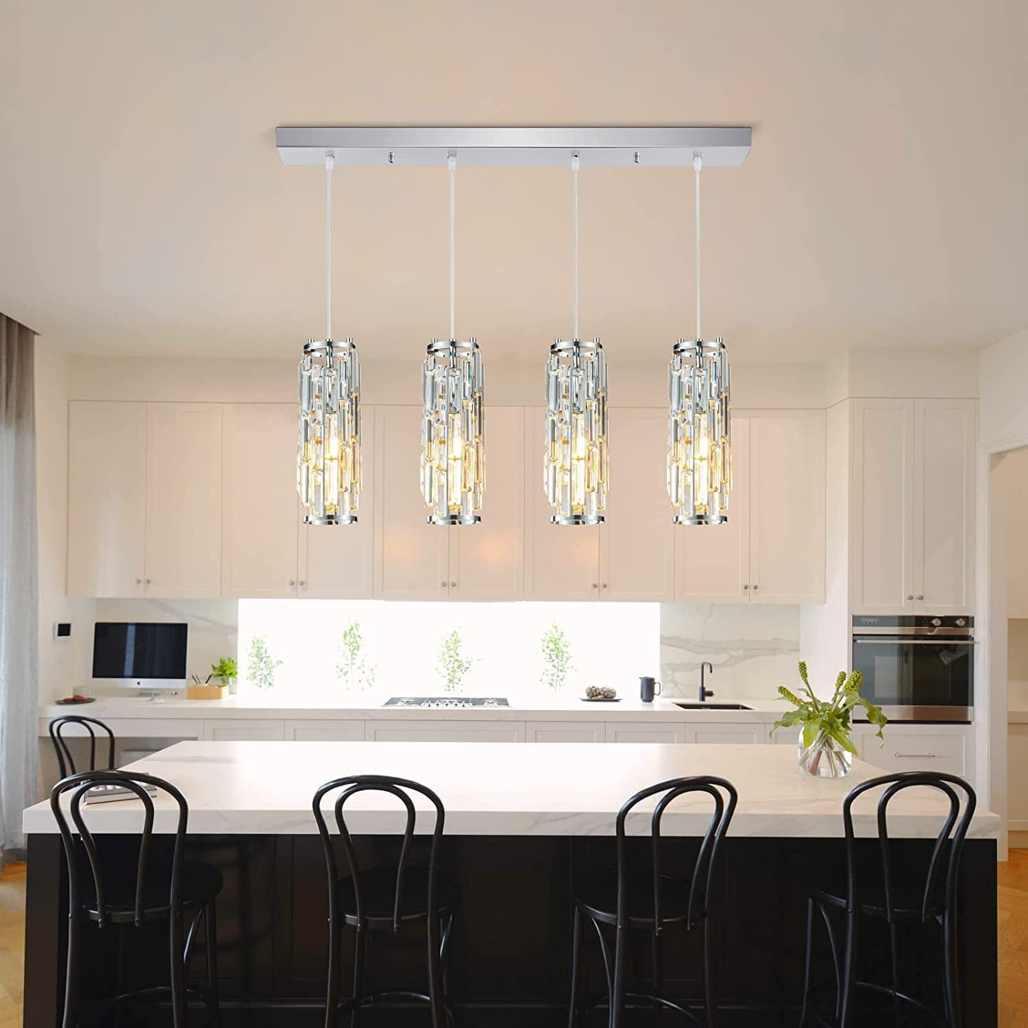 Modern Black Iron Crystal Cylinder Chandelier for Dining Room, 1/3/4 Lights