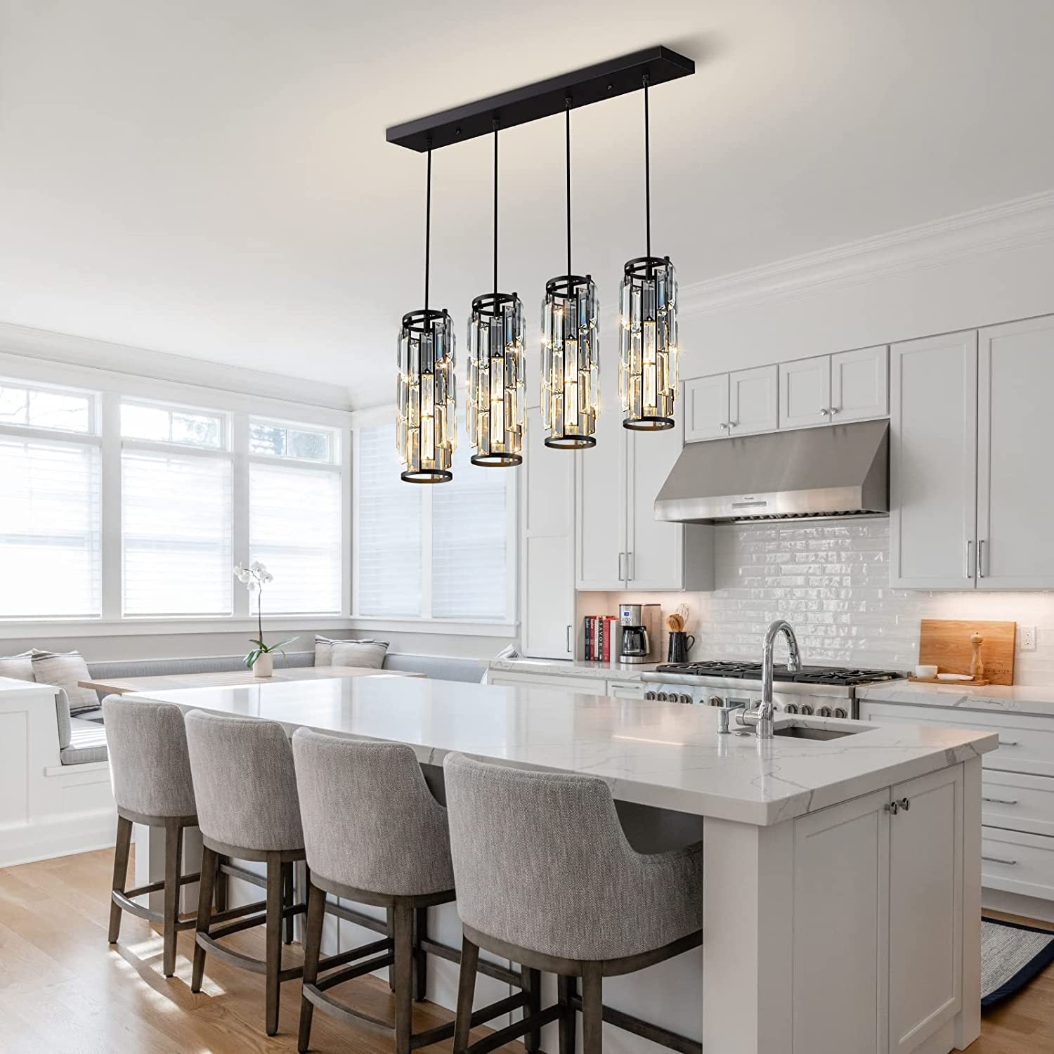 Modern Black Iron Crystal Cylinder Chandelier for Dining Room, 1/3/4 Lights