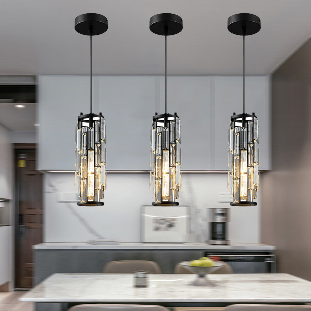 Modern Black Iron Crystal Cylinder Chandelier for Dining Room, 1/3/4 Lights