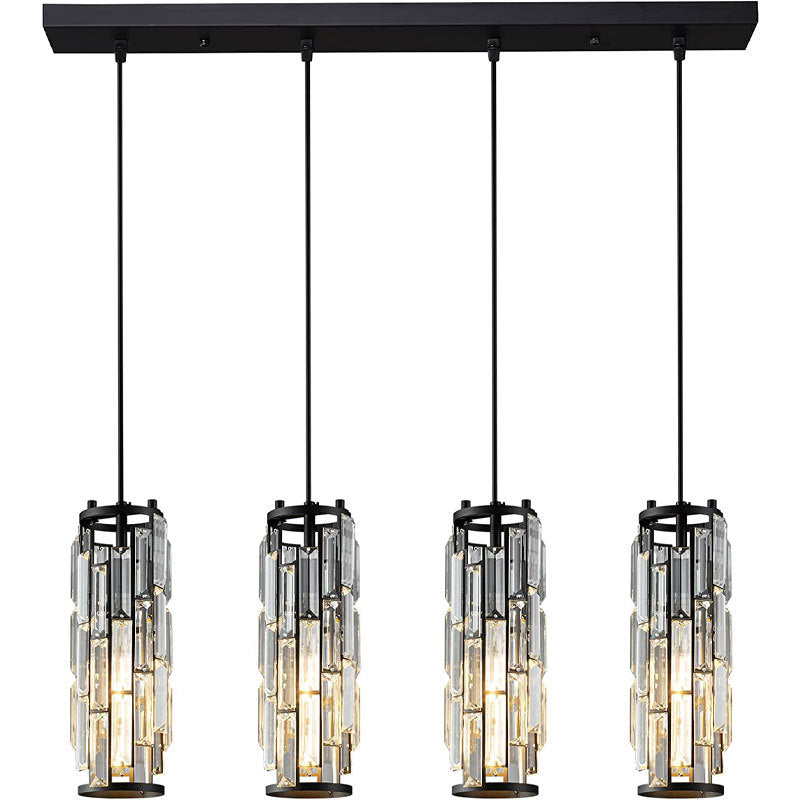 Modern Black Iron Crystal Cylinder Chandelier for Dining Room, 1/3/4 Lights