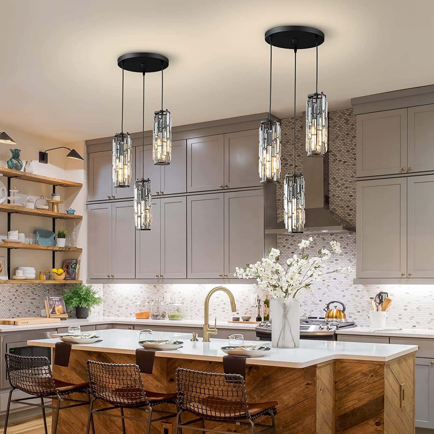Modern Black Iron Crystal Cylinder Chandelier for Dining Room, 1/3/4 Lights