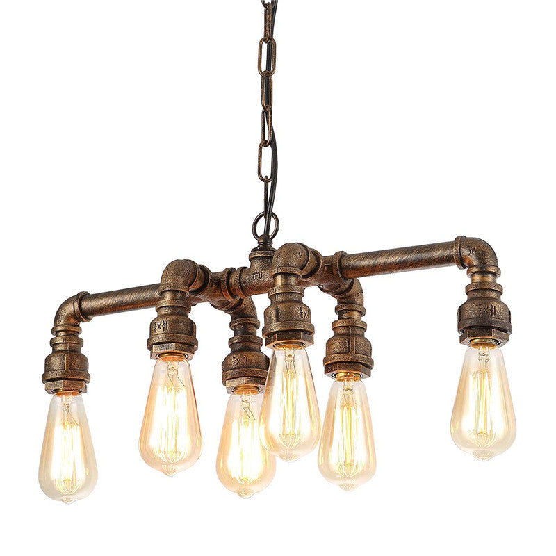 Industrial Black Iron 6-Light Water Pipe Chandelier for Dining Room