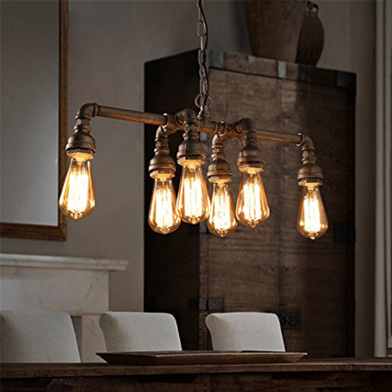 Industrial Black Iron 6-Light Water Pipe Chandelier for Dining Room