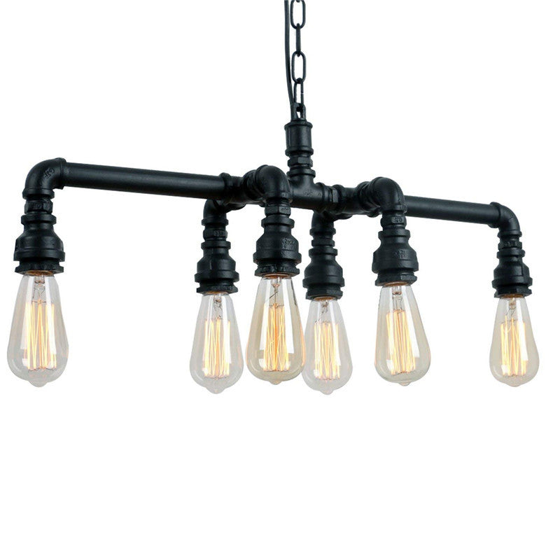Industrial Black Iron 6-Light Water Pipe Chandelier for Dining Room