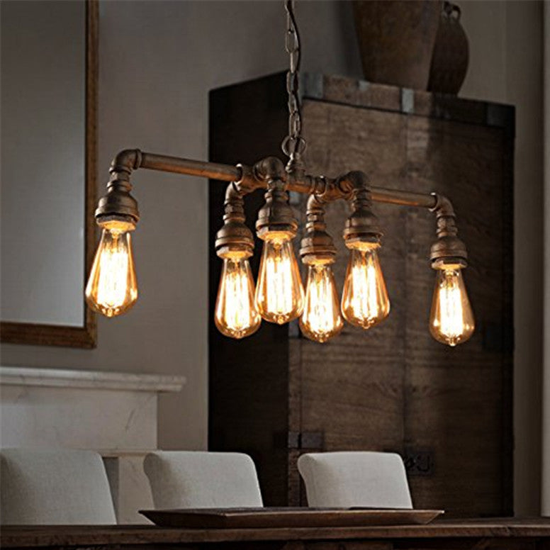 Industrial Black Iron 6-Light Water Pipe Chandelier for Dining Room