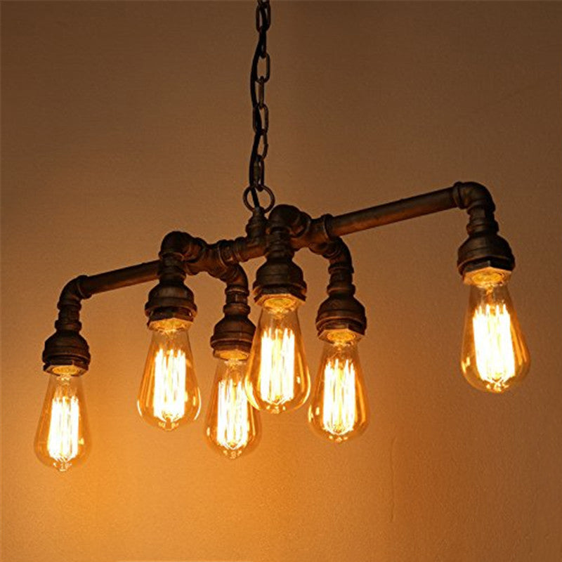 Industrial Black Iron 6-Light Water Pipe Chandelier for Dining Room