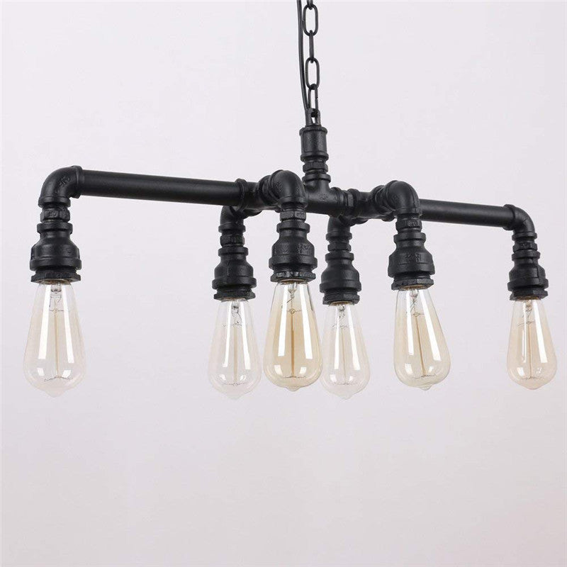 Industrial Black Iron 6-Light Water Pipe Chandelier for Dining Room