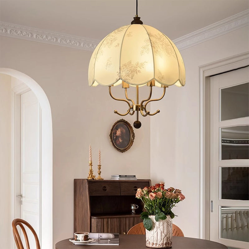 Rustic French Wood & Iron Floral Dome Chandelier for Dining Room Lighting