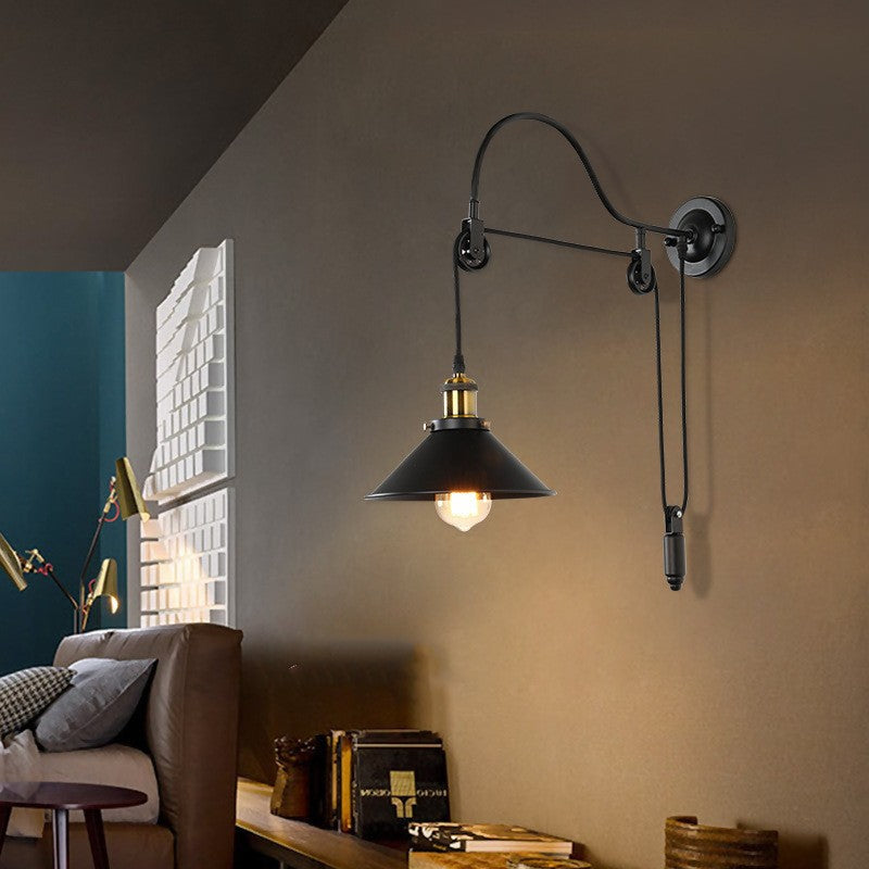 Rustic Vintage Black Wrought Iron Pulley Wall Sconce Light for Bedroom