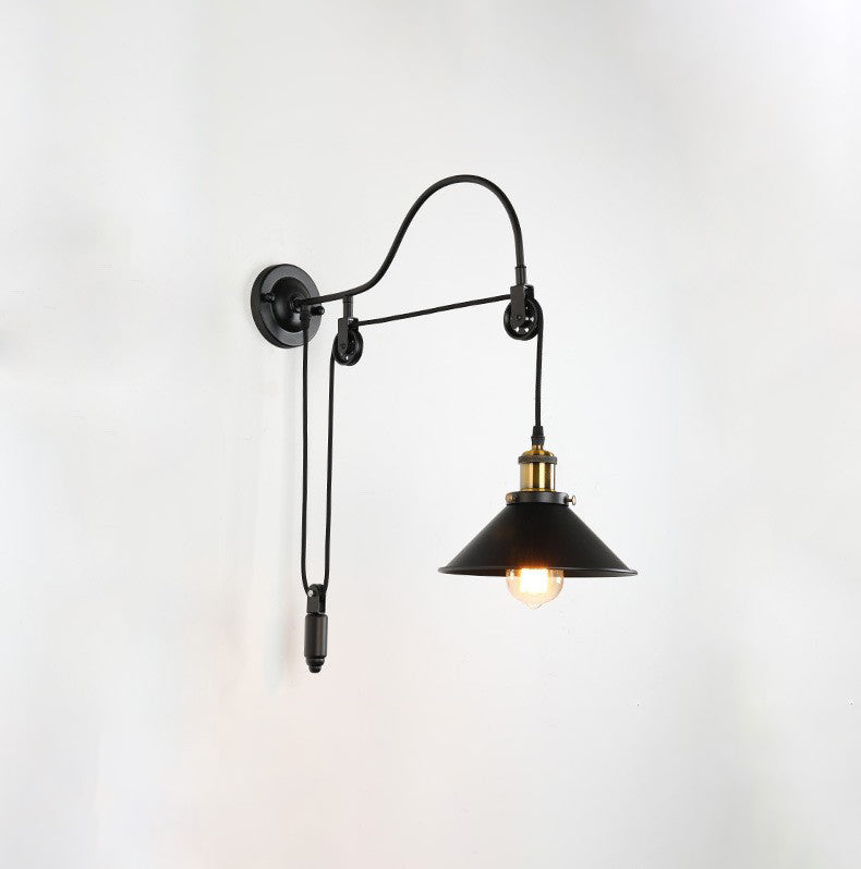 Rustic Vintage Black Wrought Iron Pulley Wall Sconce Light for Bedroom