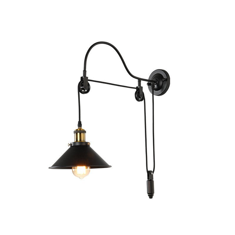 Rustic Vintage Black Wrought Iron Pulley Wall Sconce Light for Bedroom