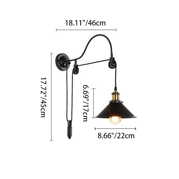 Rustic Vintage Black Wrought Iron Pulley Wall Sconce Light for Bedroom