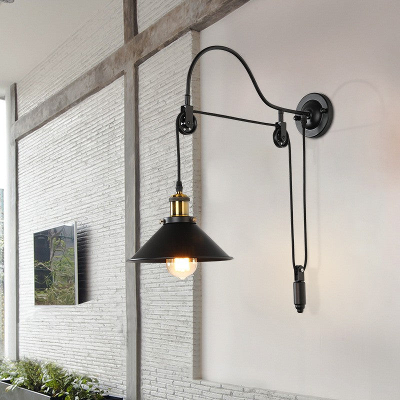 Rustic Vintage Black Wrought Iron Pulley Wall Sconce Light for Bedroom