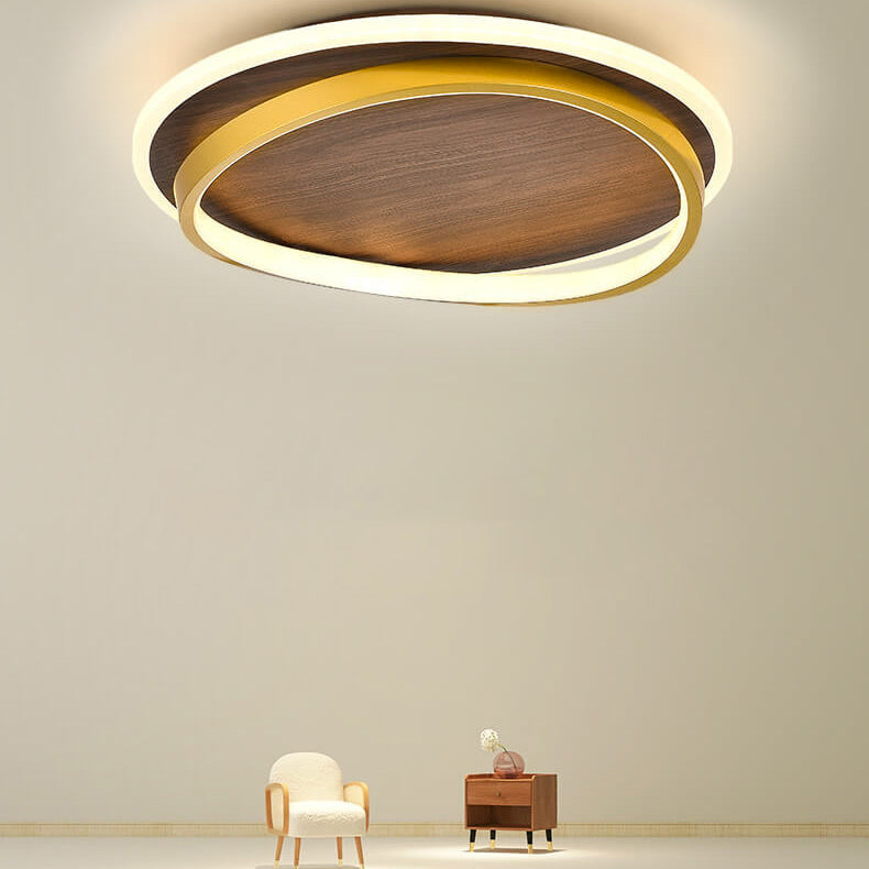 Nordic Minimalist Walnut Grain Circular LED Flush Mount Ceiling Light