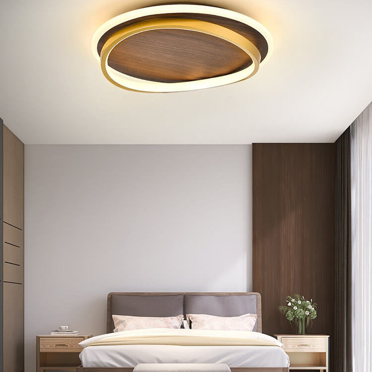 Nordic Minimalist Walnut Grain Circular LED Flush Mount Ceiling Light