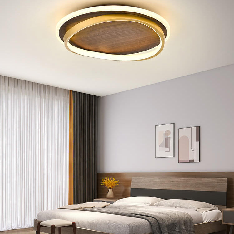 Nordic Minimalist Walnut Grain Circular LED Flush Mount Ceiling Light