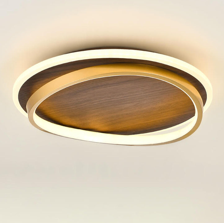 Nordic Minimalist Walnut Grain Circular LED Flush Mount Ceiling Light