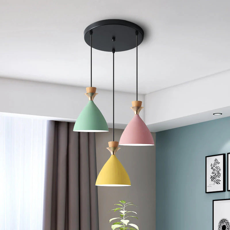 Nordic Iron Cone Chandelier - 1/3 Light Macaron Color Pendant for Dining Room
