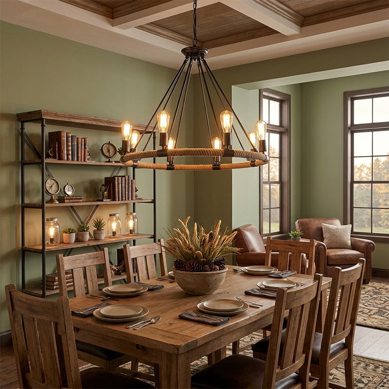 Rustic Farmhouse Hemp Rope Round Chandelier with Iron Hardware for Dining Room