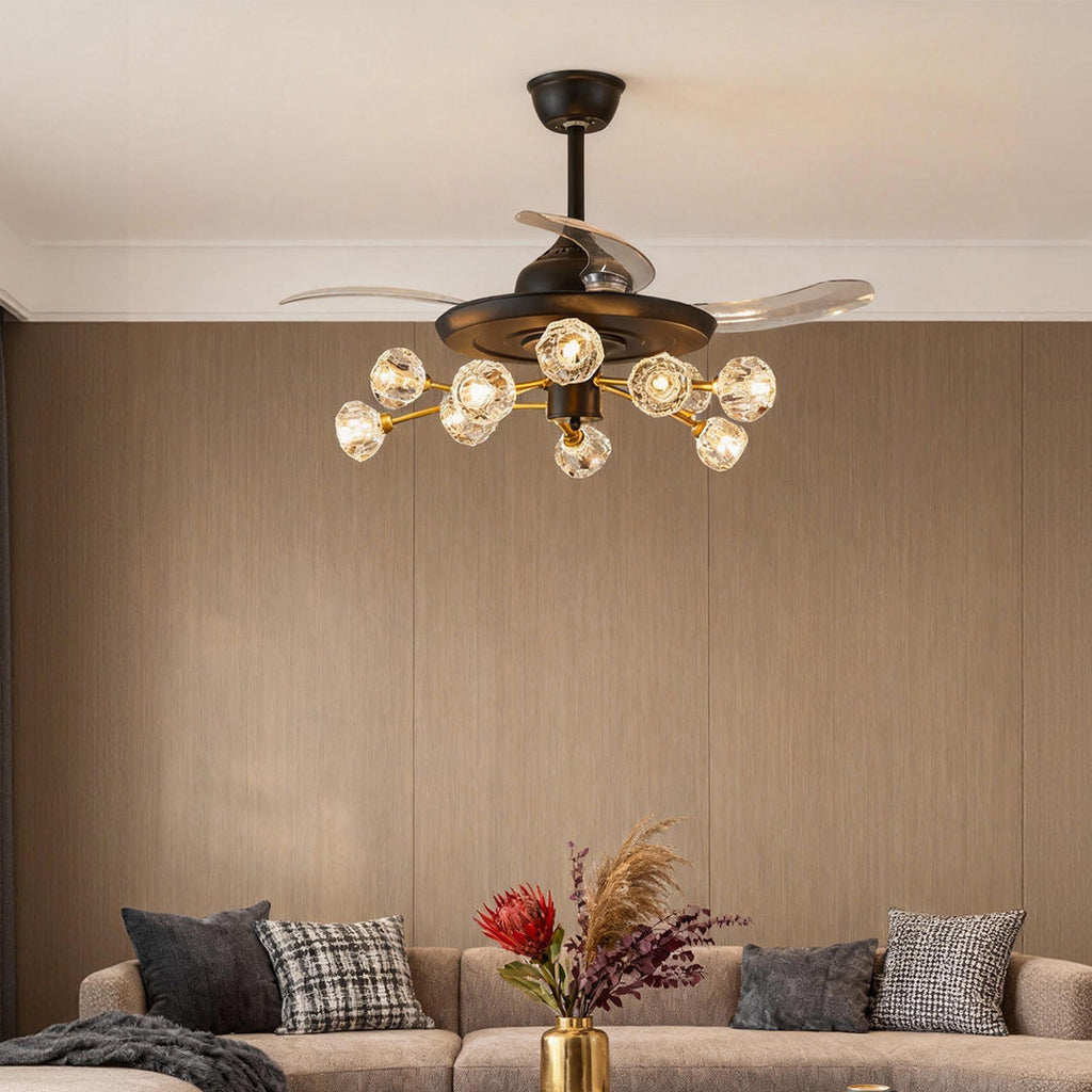 Nordic Crystal Invisible Ceiling Fan with Multiple LED Lights for Living Rooms
