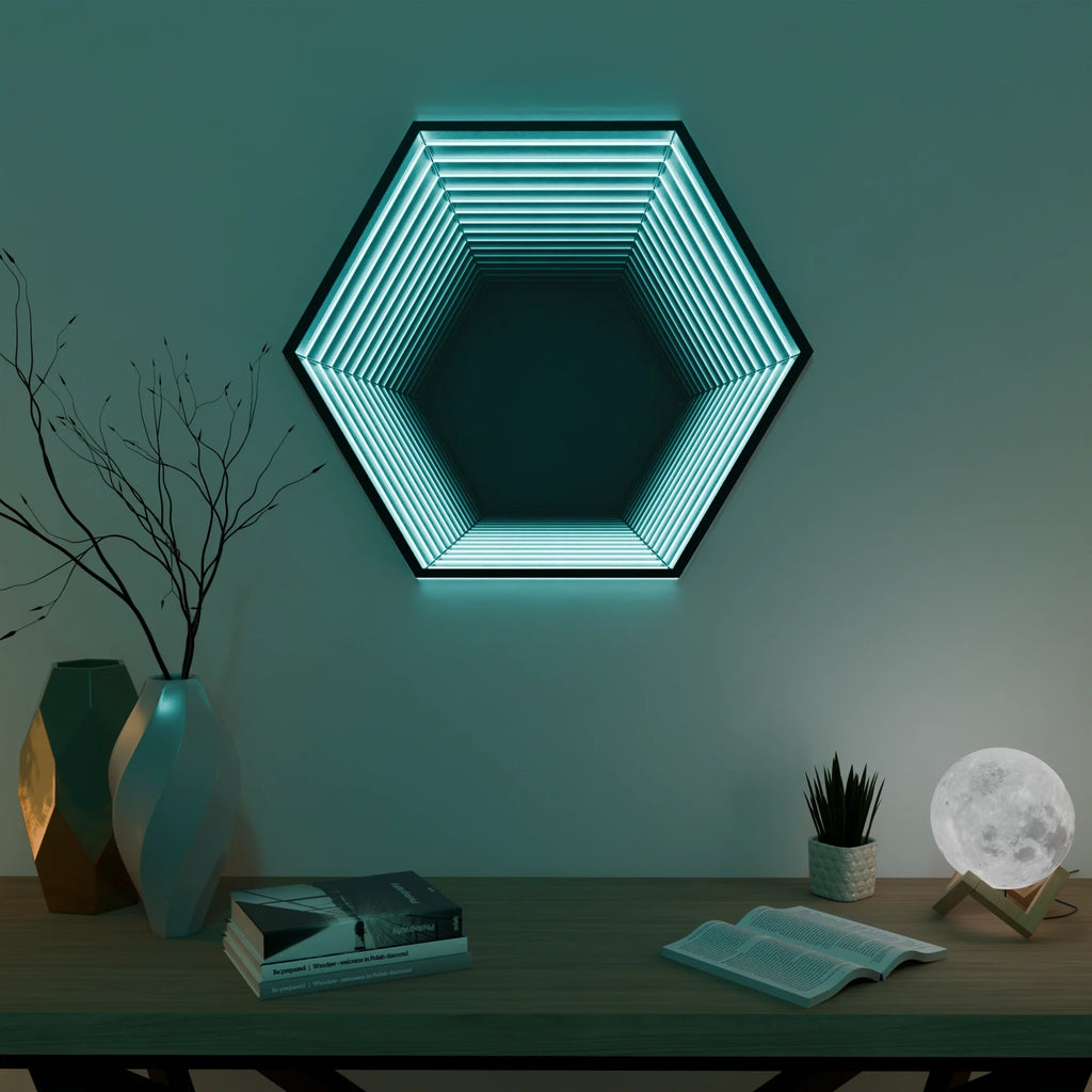 Modern Infinity HexaMirror Wall Decor in Silver for Living Room Accent
