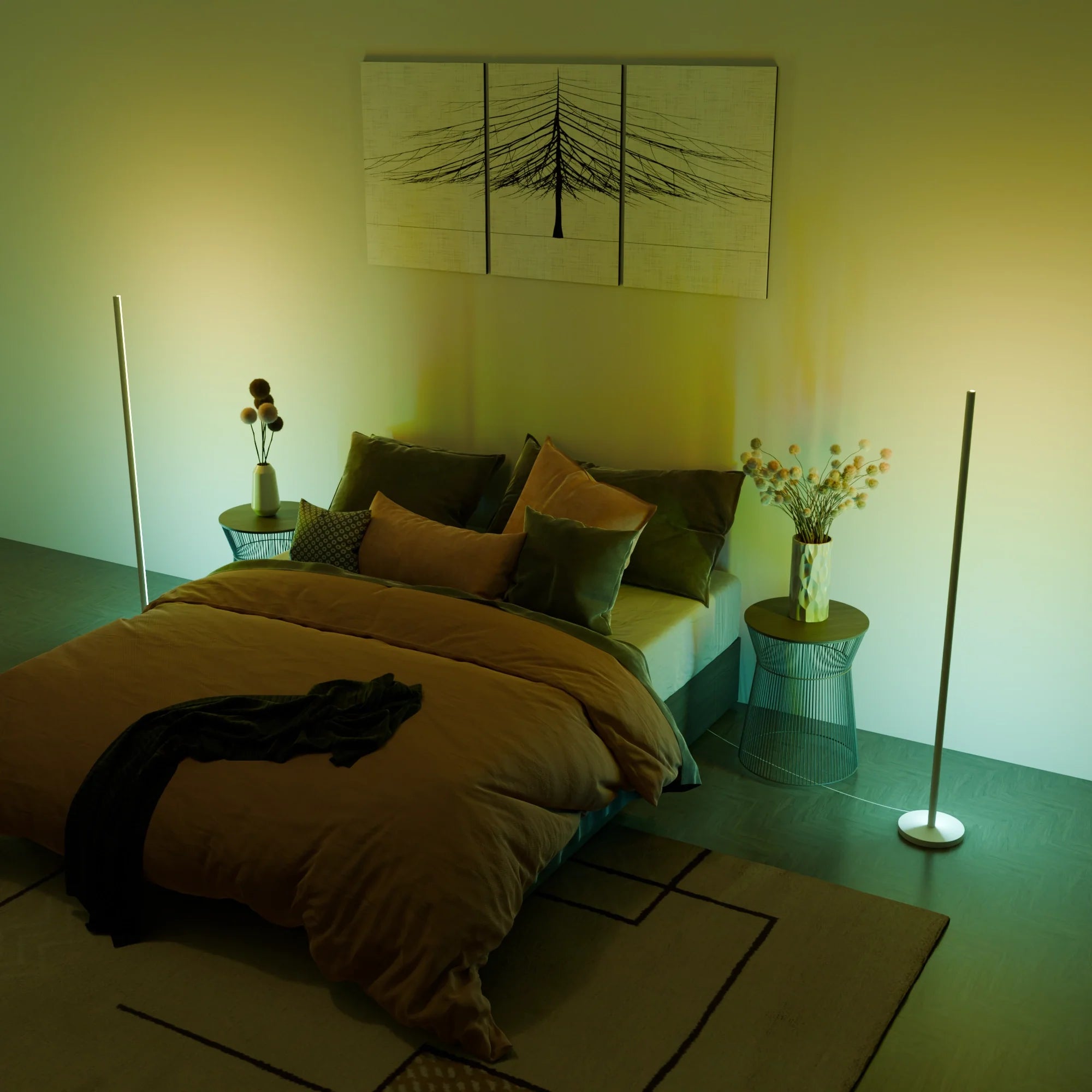 Mid-Century Modern Brass Floor Lamp with Fabric Shade for Living Room
