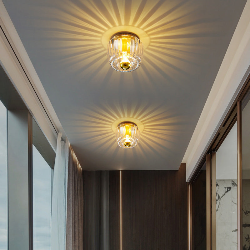 Modern Copper and Glass Sun-Shaped Flush Mount Light for Entryway