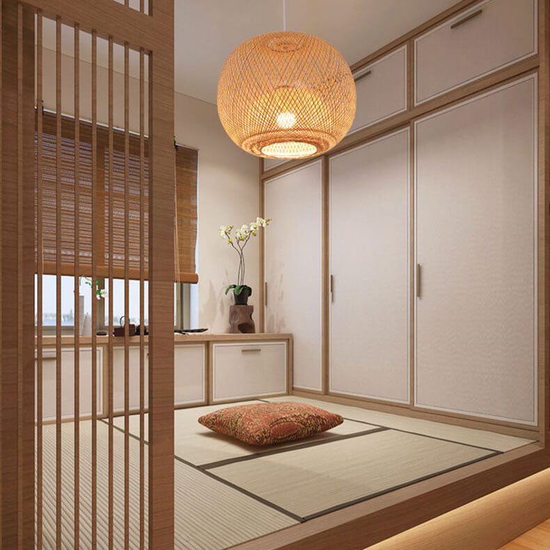 Beige Bamboo Round Ball Pendant Light for Japanese-Style Interiors