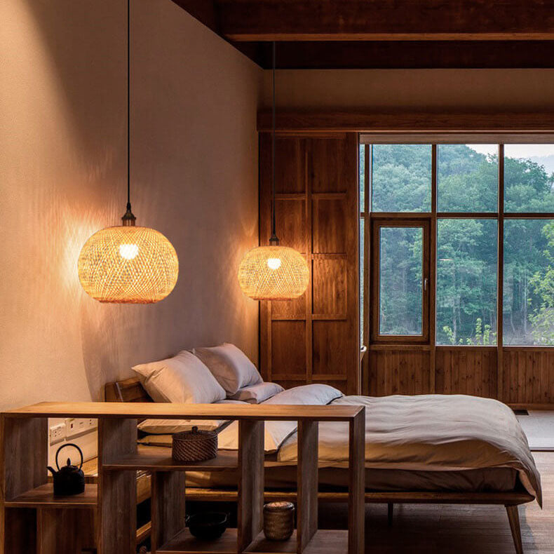 Beige Bamboo Round Ball Pendant Light for Japanese-Style Interiors