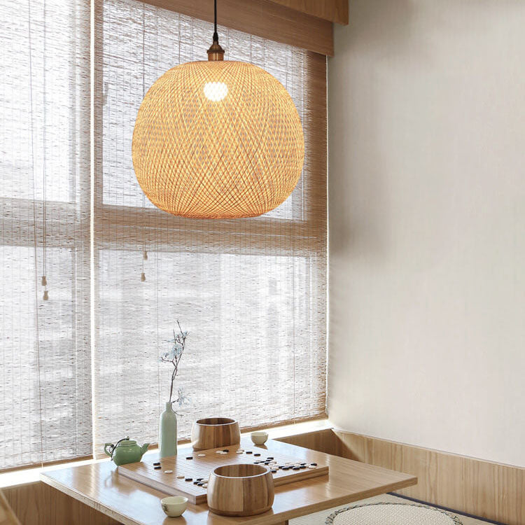 Beige Bamboo Round Ball Pendant Light for Japanese-Style Interiors