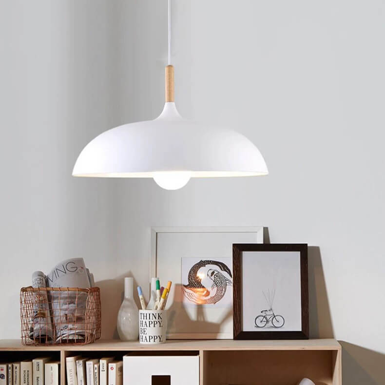Sleek Black Metal and Wood Dome Pendant Light for Kitchen or Dining Room