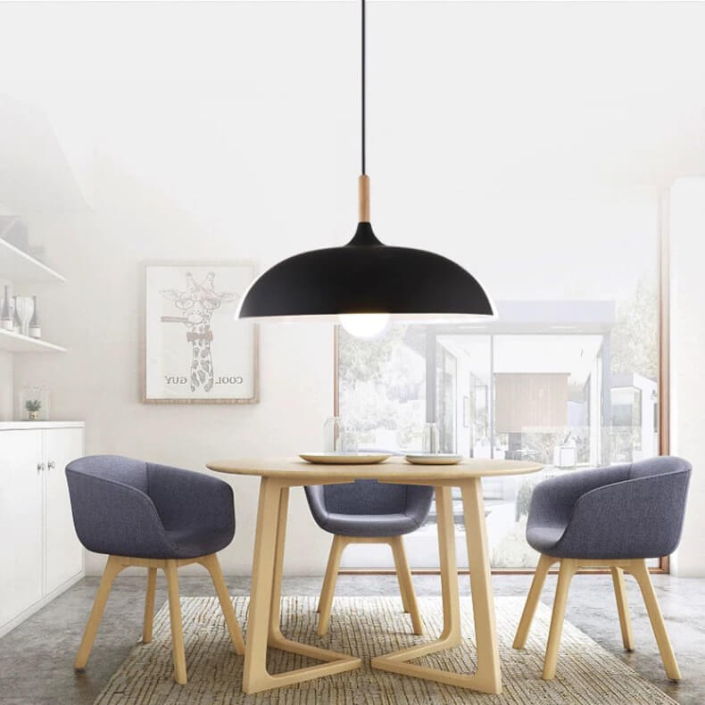 Sleek Black Metal and Wood Dome Pendant Light for Kitchen or Dining Room
