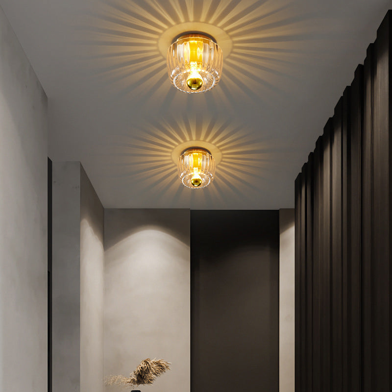 Modern Copper and Glass Sun-Shaped Flush Mount Light for Entryway