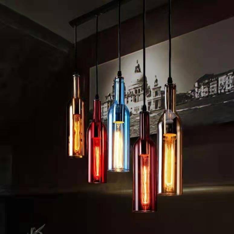 Vintage Multi-Colored Glass Wine Bottle Chandelier for Dining Room